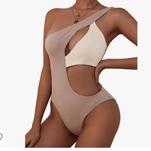 ZAFUL Women's One Shoulder Ribbed Bikini Colorblock Cutout One-Piece Swimsuit l